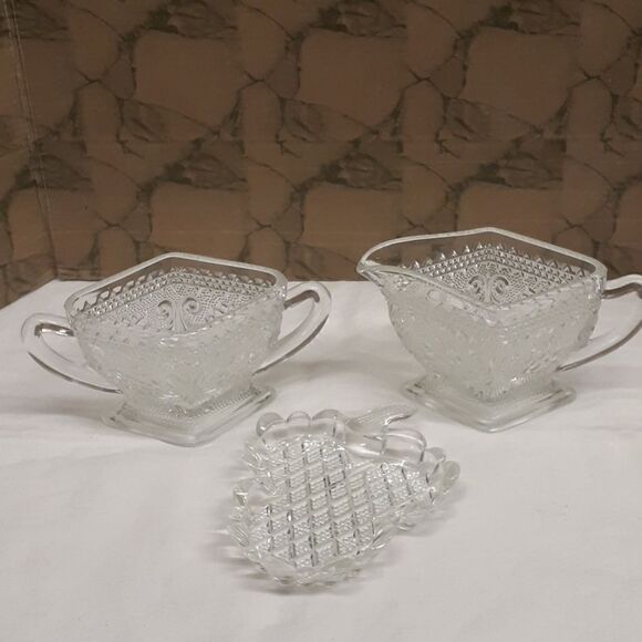 3 pc set vintage Tiara Sandwich Indiana glass diamond shape cream sugar plus - Picture 1 of 13